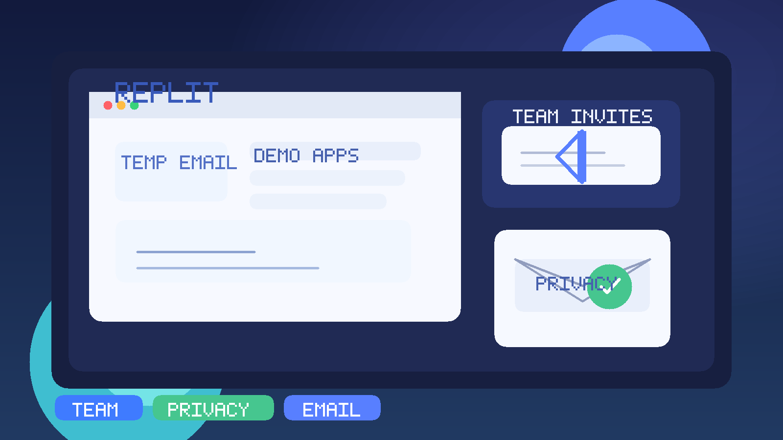 Original illustration of a temporary inbox, a Replit-style coding workspace, and protected team invite signups.