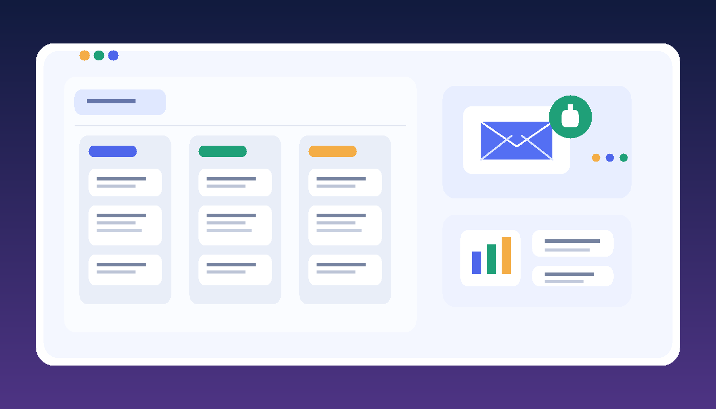 Illustration of a temporary email workflow for Roadmunk with a protected inbox, roadmap cards, and stakeholder view panels