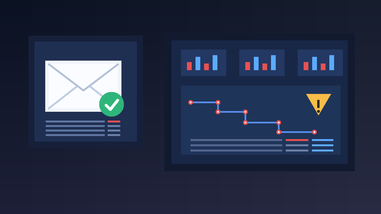 Illustration of a temporary inbox beside an error tracking dashboard with alert cards and stack trace signals