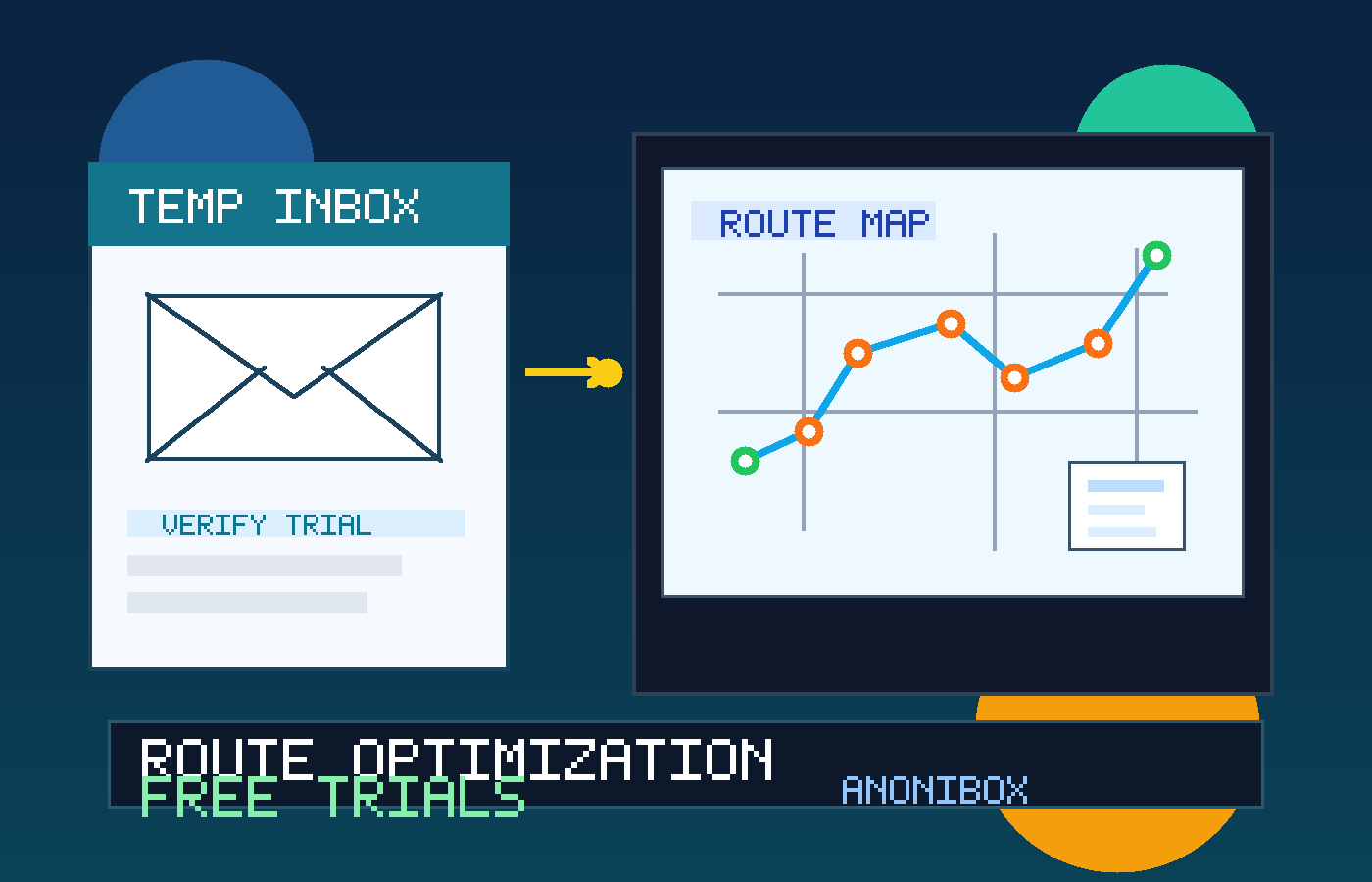 Illustration of a temporary inbox connected to route optimization software with a map, delivery stops, and route lines