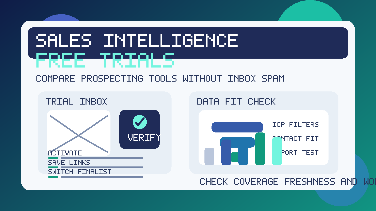 Illustration of a trial inbox and a sales intelligence dashboard used to compare prospecting software