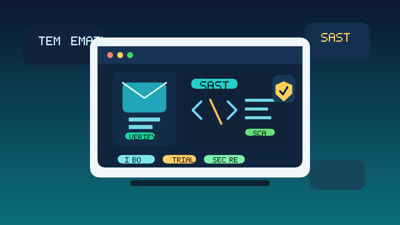 Illustration of a temporary email inbox connected to a source-code scan dashboard for SAST software free trials