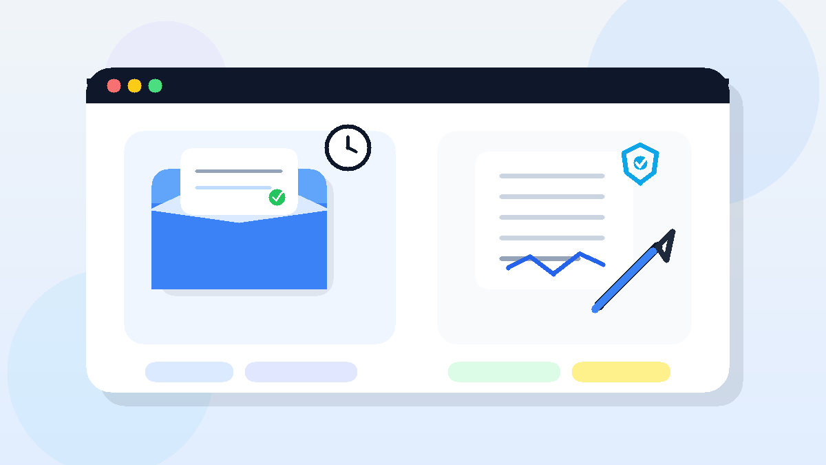 Illustration of a temporary inbox beside a digital document being signed