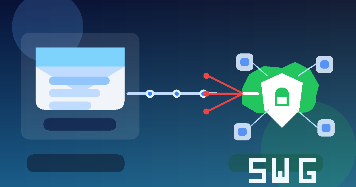 Illustration of a secure web gateway trial with a browser, filtered traffic, and a temporary inbox for signup emails.