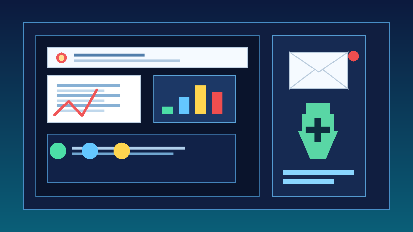Illustration of a temporary inbox, phishing simulation dashboard, and training progress chart for security awareness software evaluations