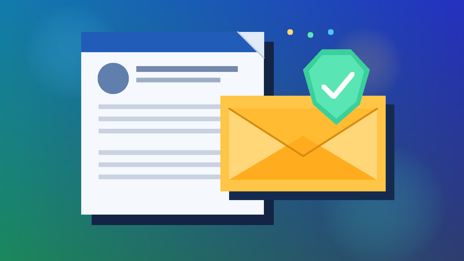 Illustration of a resume, email envelope, and privacy shield for a job search article