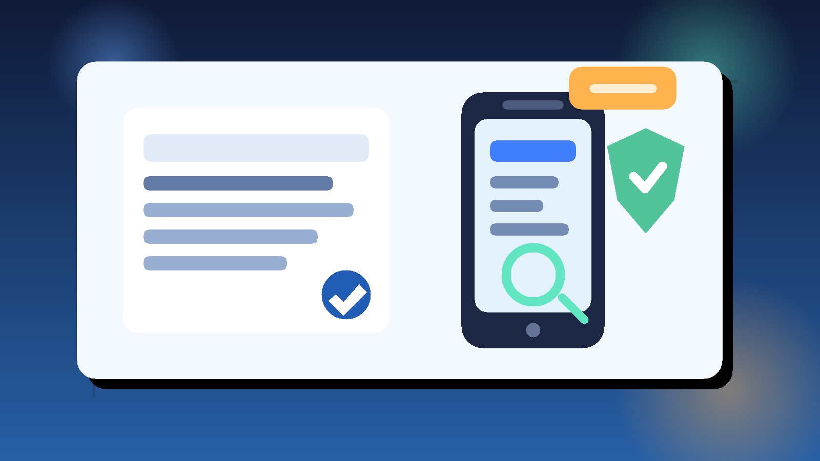 Original illustration of a job application card, a separate phone number on a mobile device, and privacy shield elements.