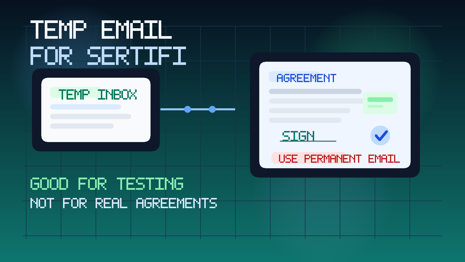 Original illustration of a temporary inbox connected to a digital agreement form, signature field, and payment workflow card for Sertifi testing.