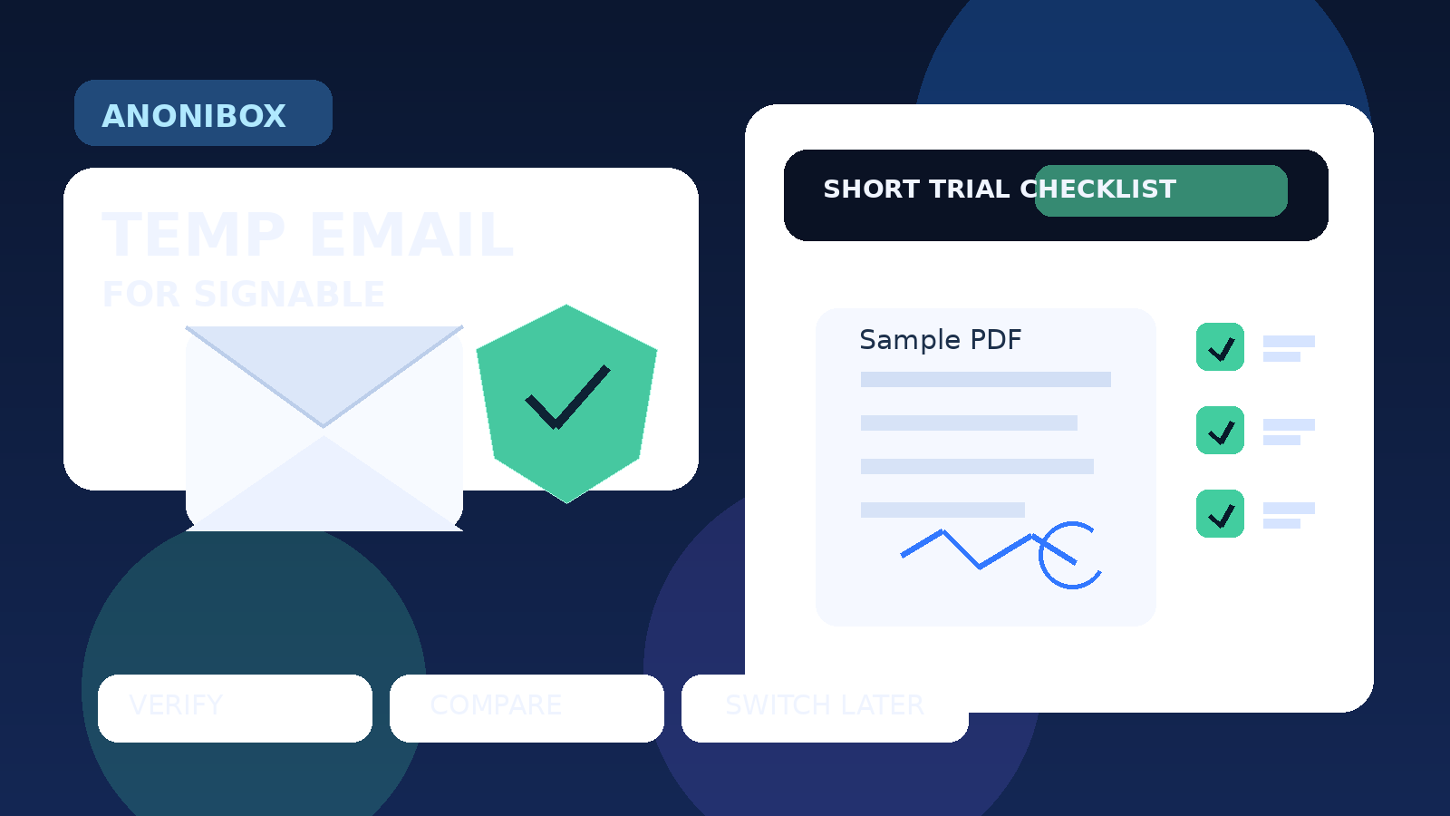 Original illustration of a temporary inbox, signed document, and privacy shield for a Signable evaluation