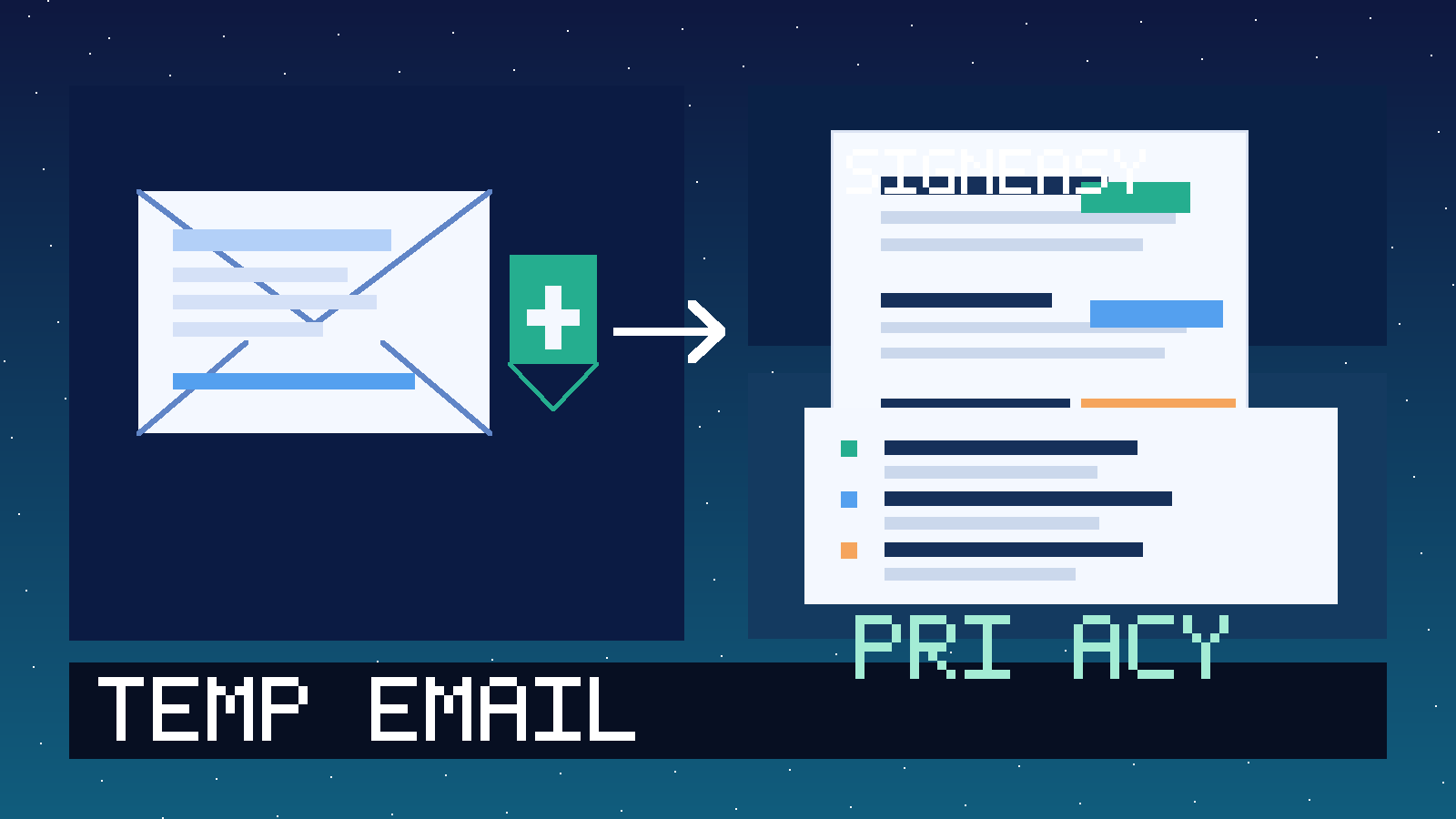 Original illustration of a temporary inbox, a contract document, and a privacy shield for a Signeasy evaluation.