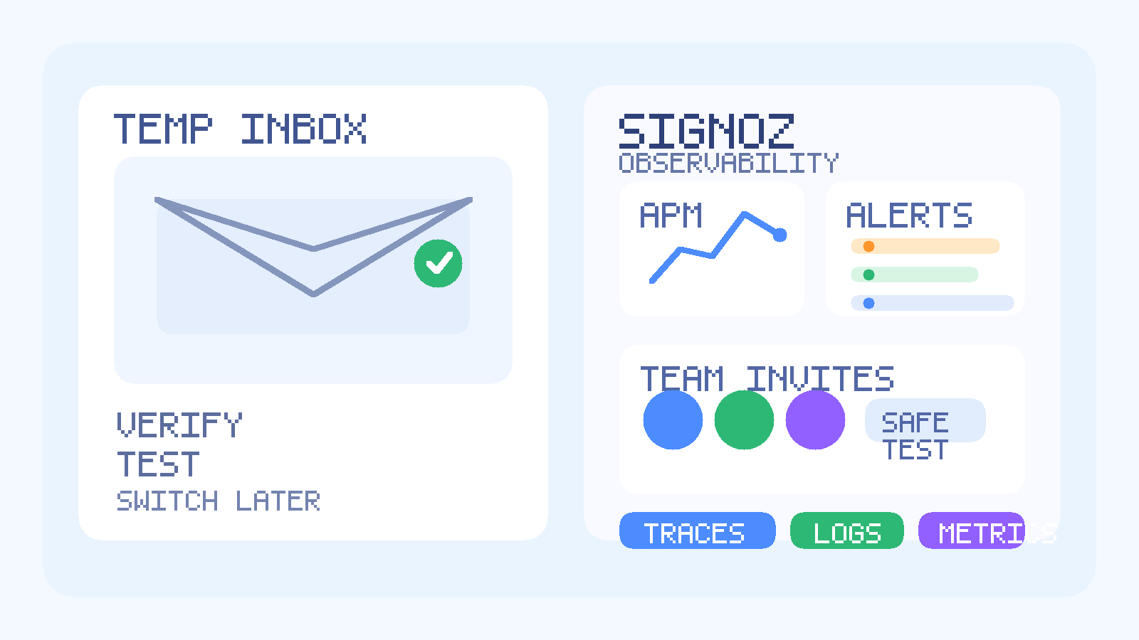 Original in-house illustration showing a temporary inbox beside observability charts, alerts, and a protected SigNoz-style test workspace.