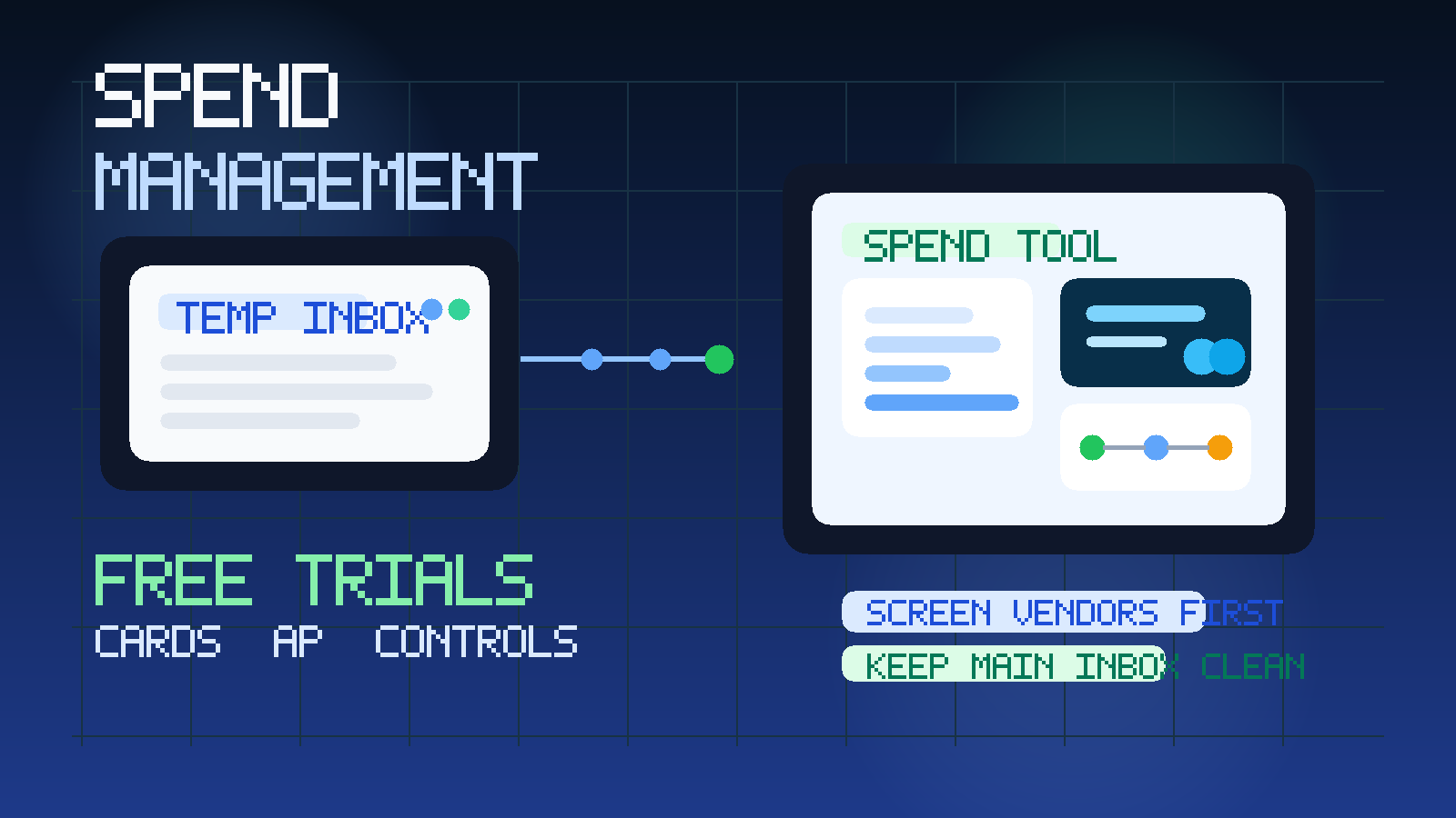 Original illustration of a temporary inbox connected to a spend management dashboard with corporate cards, approval controls, and expense review.