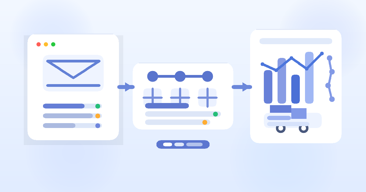 Illustration of a temporary inbox connected to supply chain management dashboards, package workflows, and fulfillment analytics.