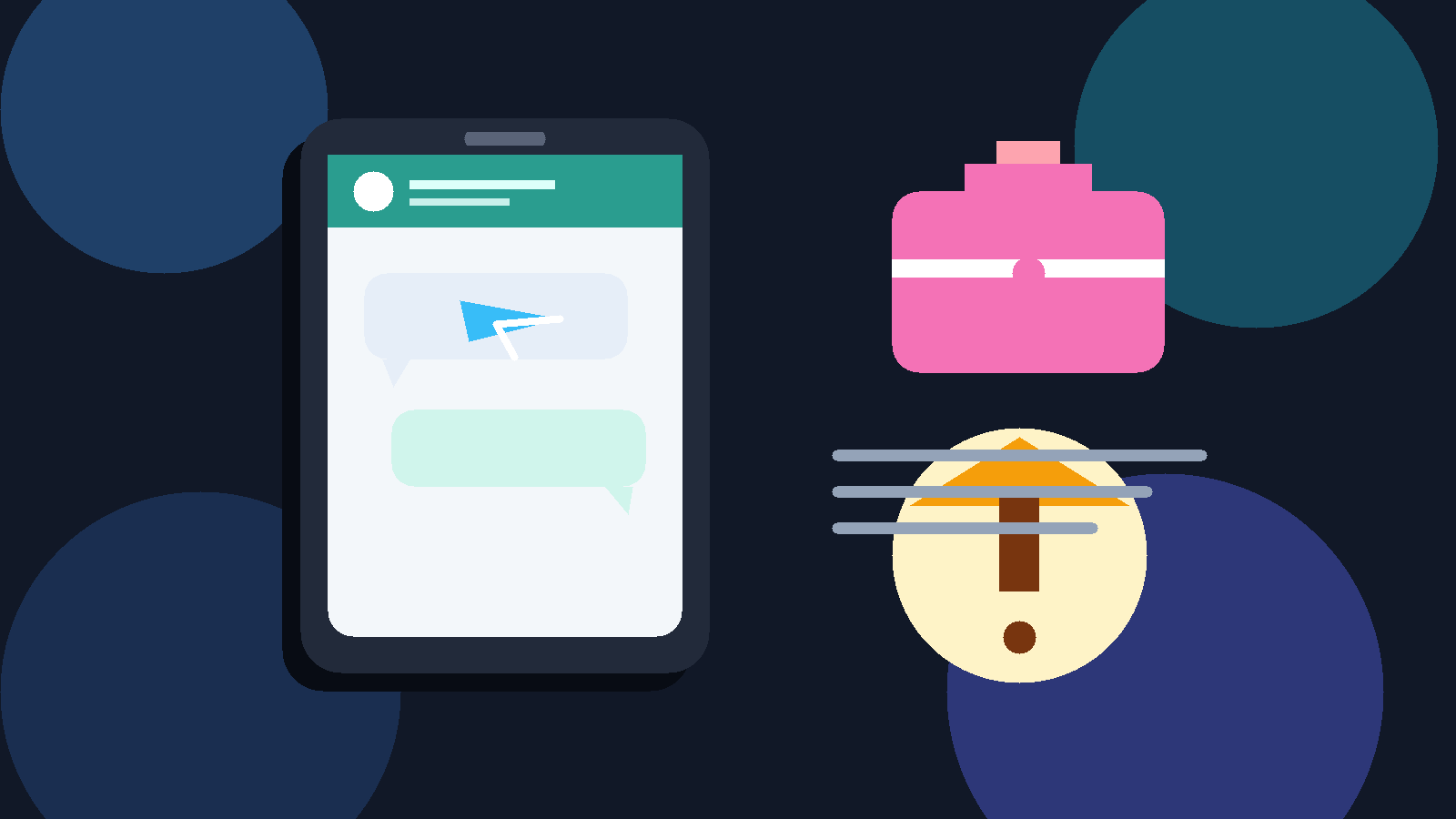 Illustration of a phone with chat bubbles, a briefcase, and a warning shield representing Telegram job application privacy risks