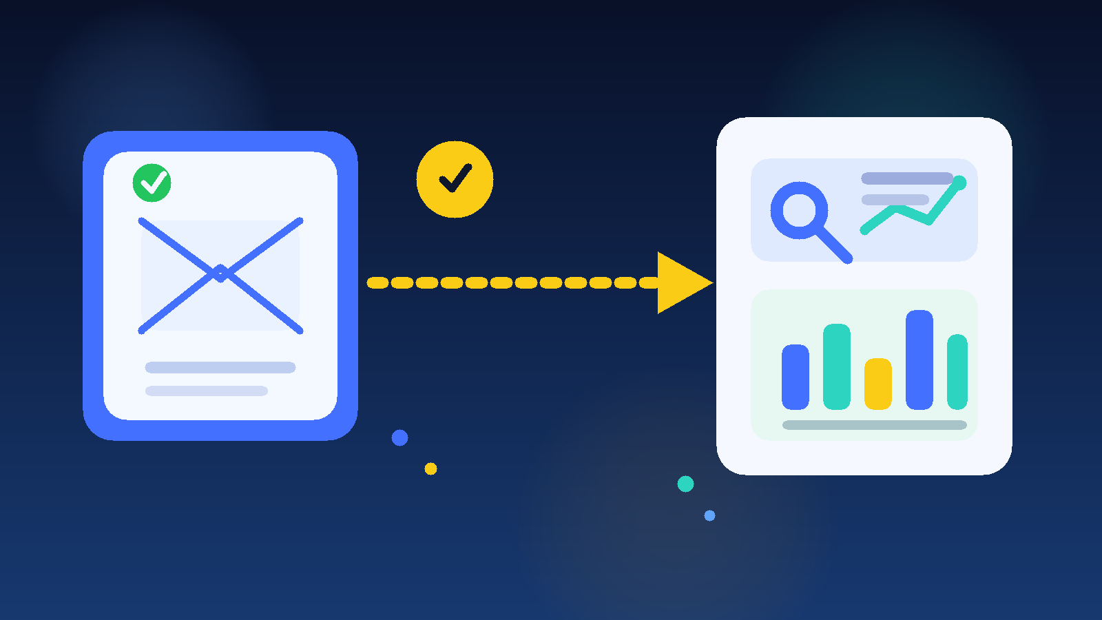 Original illustration of a temporary inbox flowing into an enterprise SEO dashboard with charts, search graphics, and a privacy shield