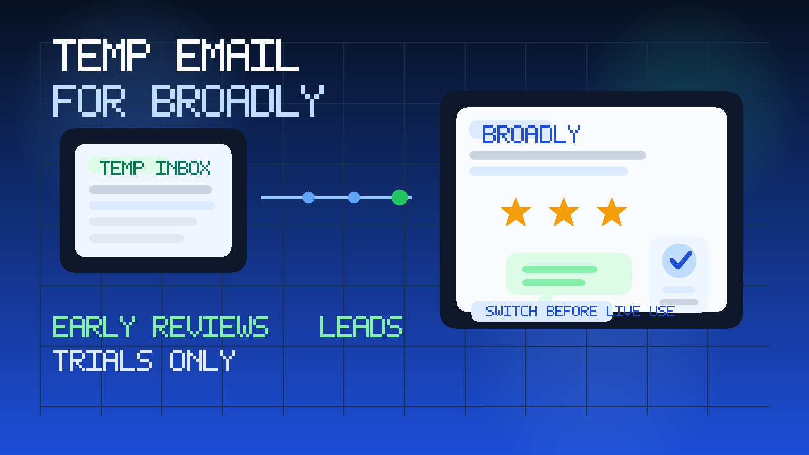 Original illustration showing a temporary inbox connected to review stars, a chat bubble, and a local-business dashboard for a Broadly trial.