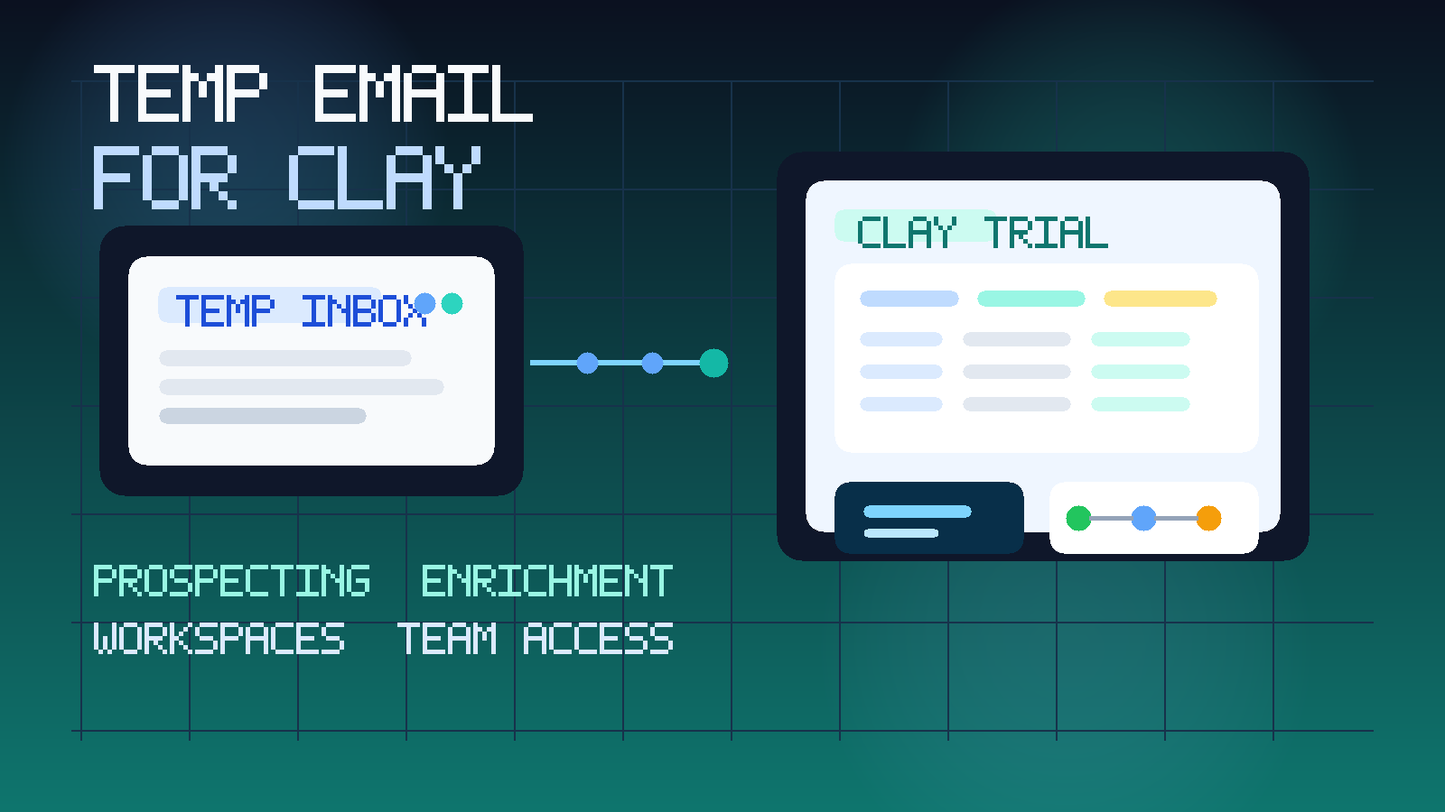 Original illustration of a temporary inbox connected to a Clay-style prospecting workspace with lead rows, enrichment signals, and team workflow cards.