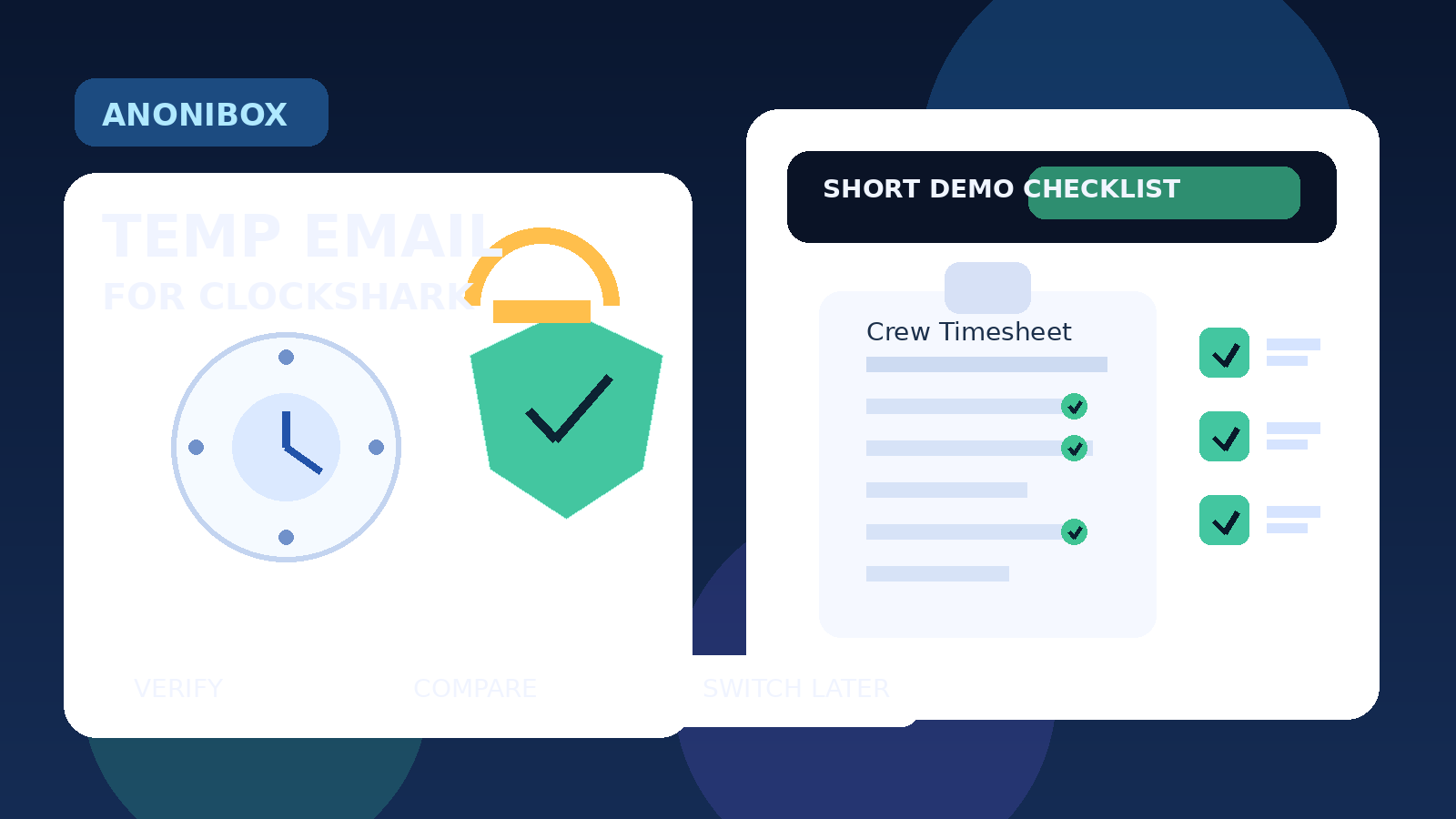 Original illustration of a temporary inbox, crew timesheet clipboard, clock, and privacy shield for a ClockShark evaluation