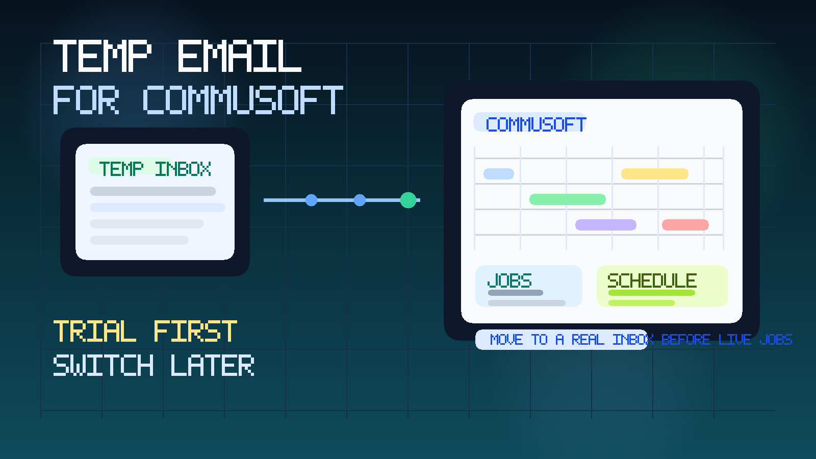 Original illustration showing a temporary inbox connected to a field service scheduling dashboard with job cards and a calendar-style layout for a Commusoft trial.