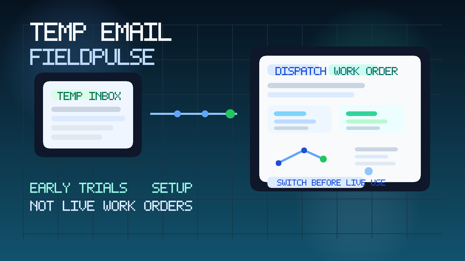 Original illustration showing a temporary inbox beside a field service dispatch board, work order card, route line, and mobile technician workflow for a FieldPulse trial.