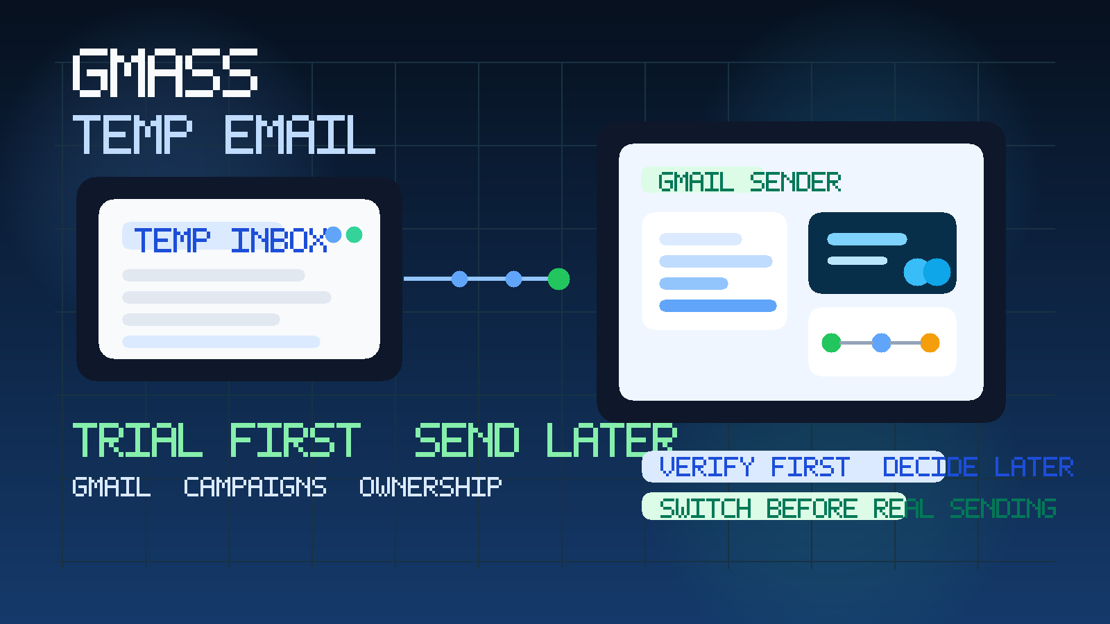 Original illustration of a temporary inbox flowing into a Gmail-based cold email workspace with campaign, deliverability, and ownership cues.