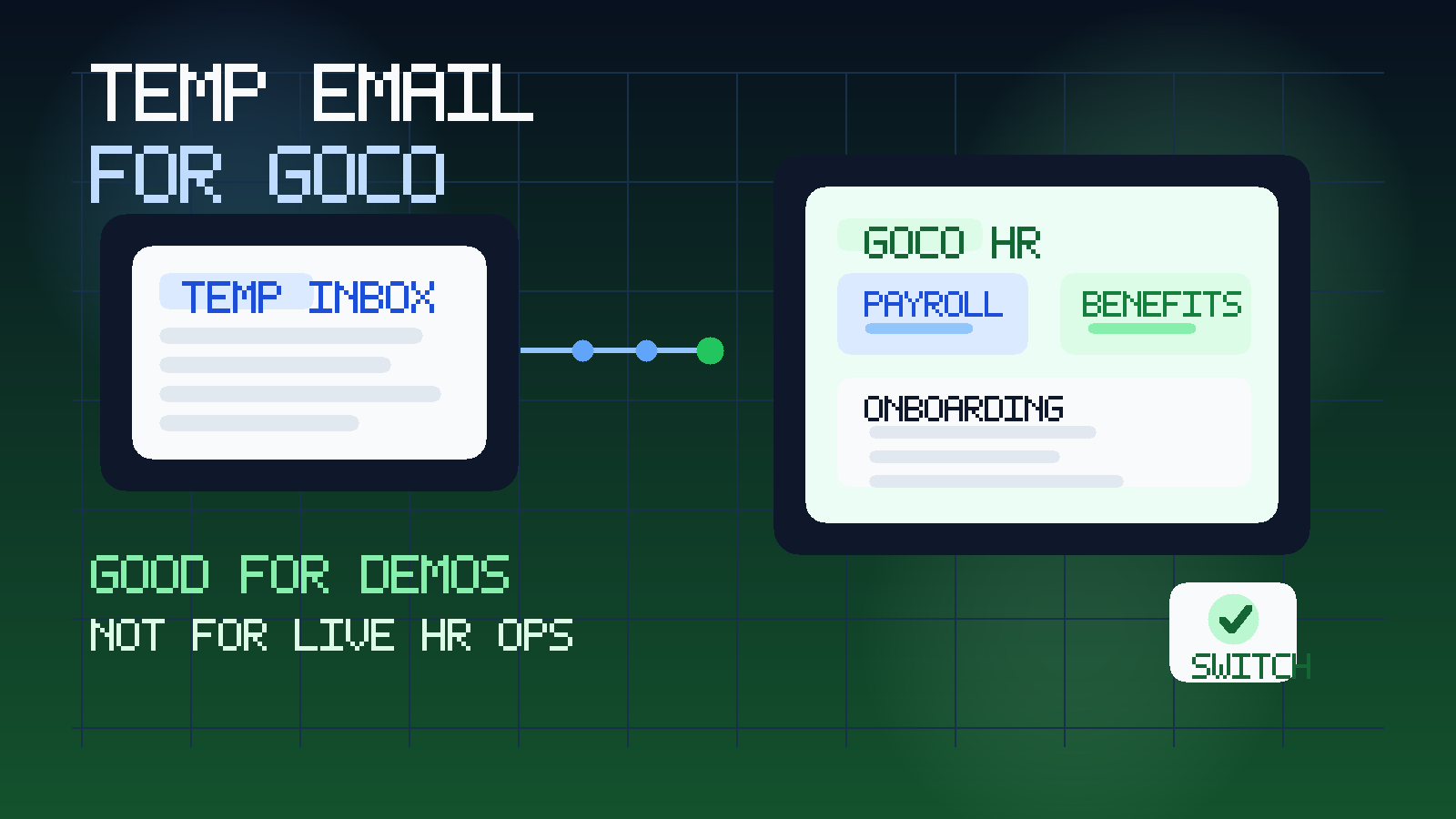 Original illustration of a temporary inbox beside an HR dashboard, payroll card, benefits card, and onboarding checklist for GoCo evaluation.