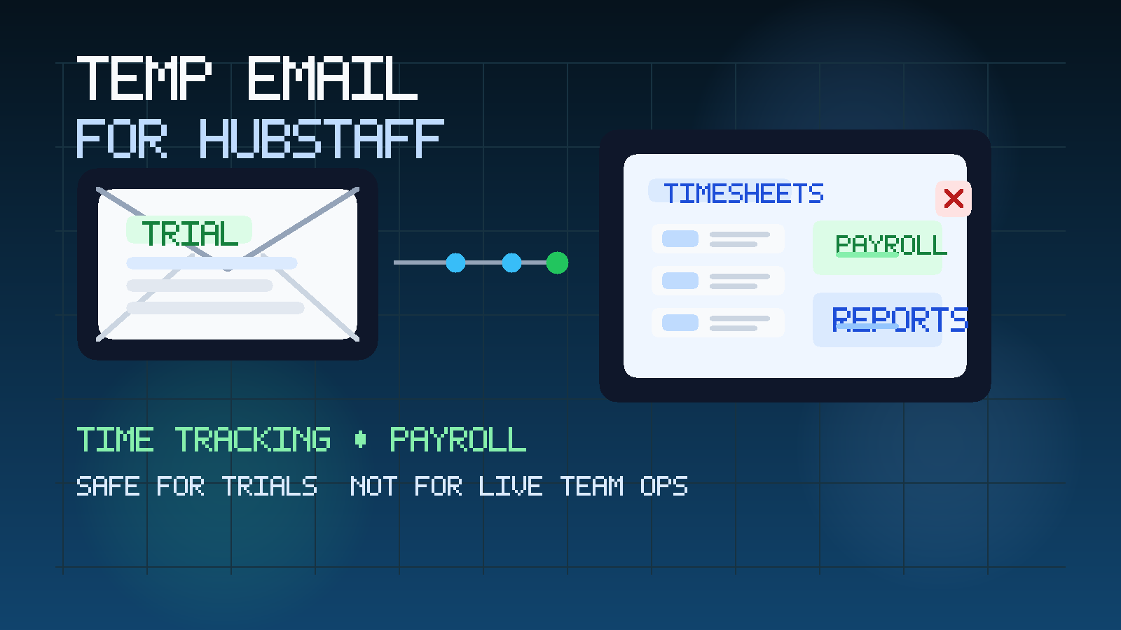 Original illustration showing a temporary inbox, time tracking dashboard cards, and a privacy-first Hubstaff evaluation workflow.