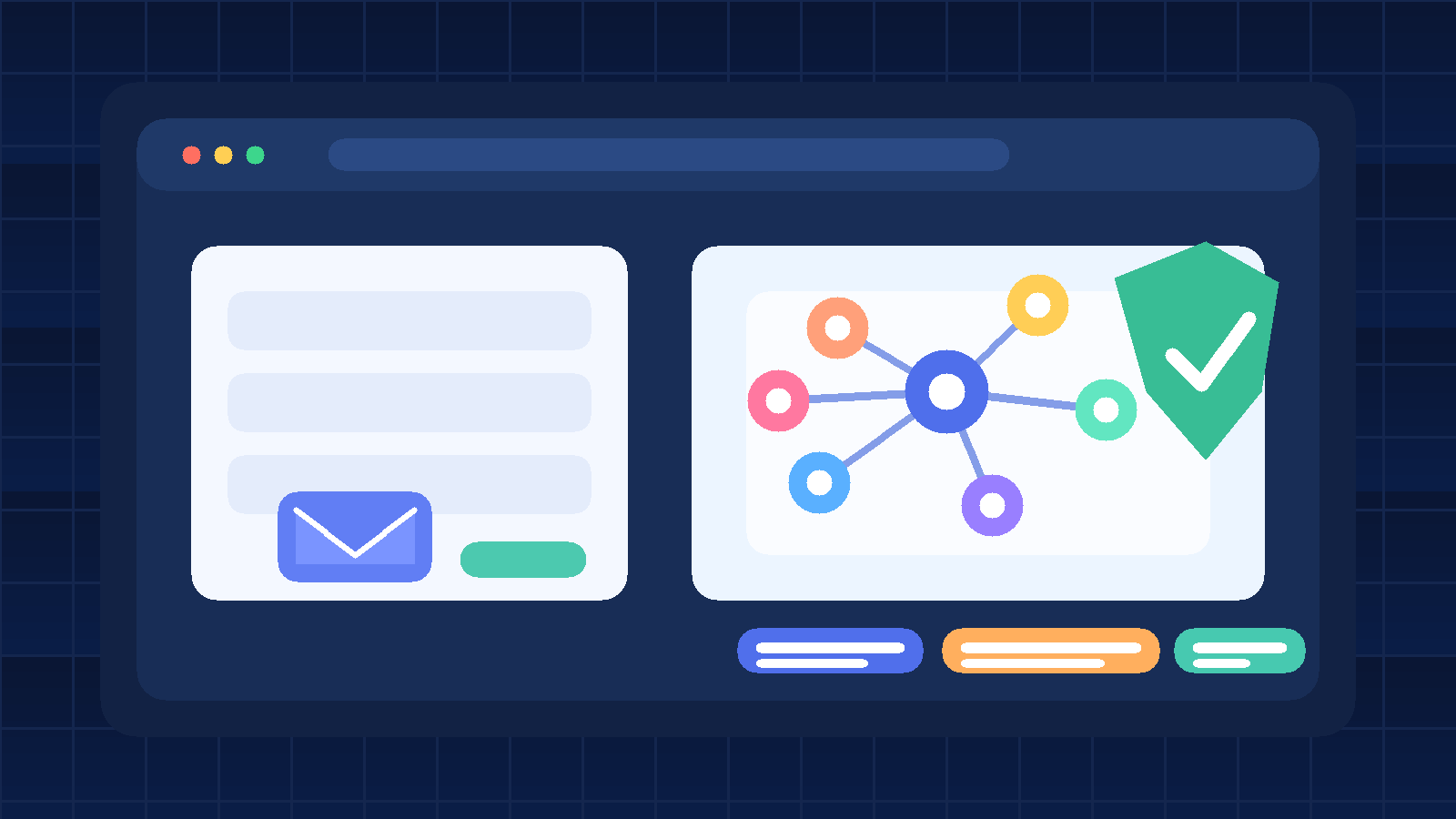 Original illustration showing a temporary inbox beside clustered keyword nodes and a privacy shield for early keyword research trials.