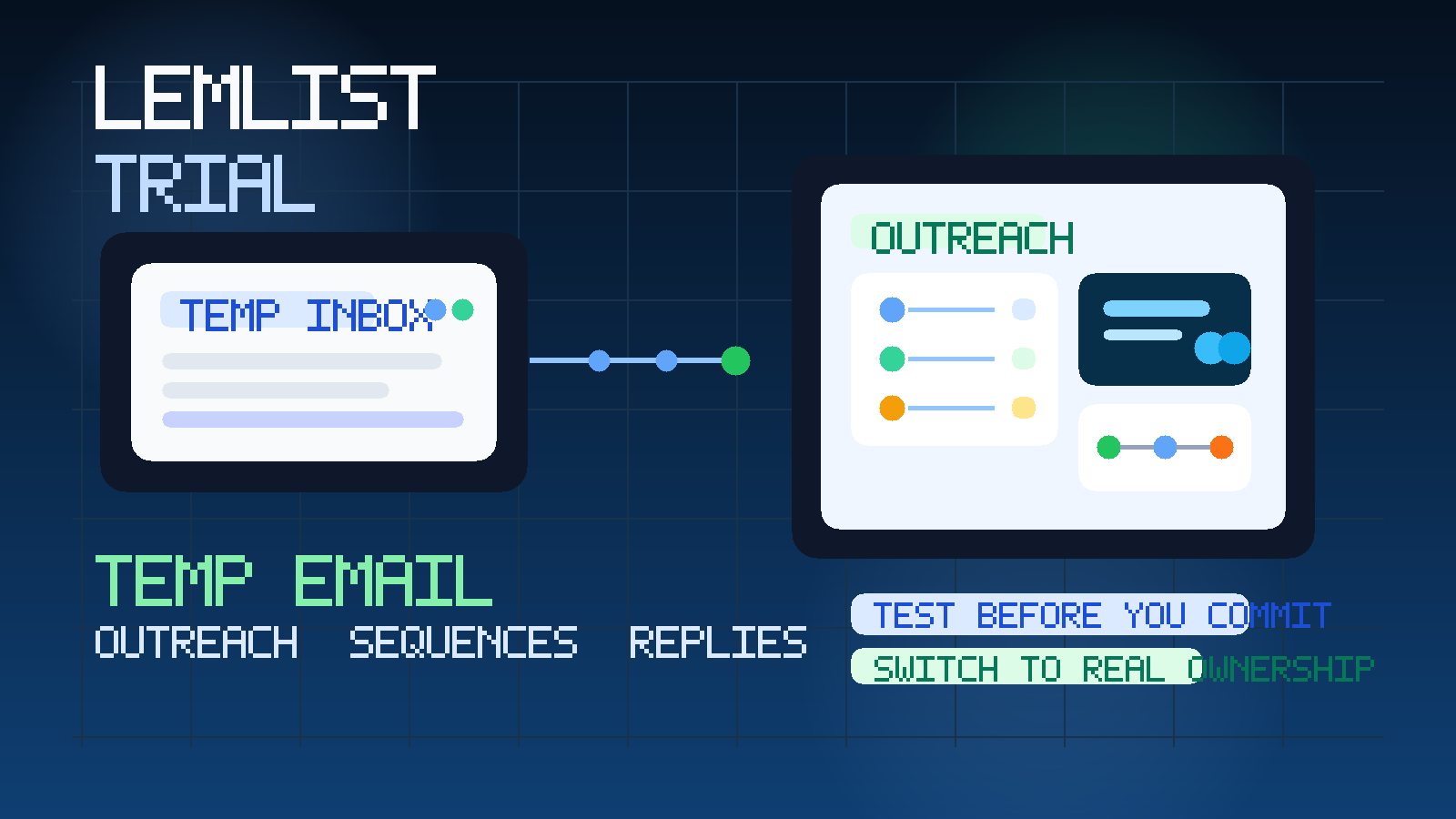 Original illustration of a temporary inbox beside an outreach dashboard with campaign steps, replies, and mailbox signals.