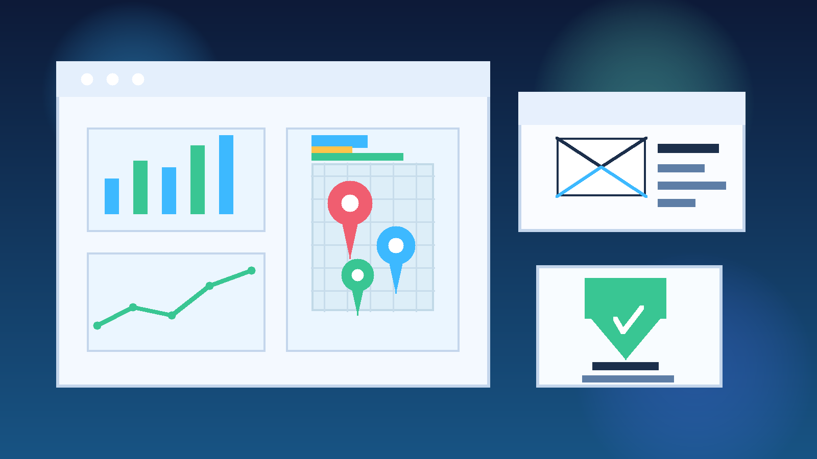 Illustration of a local SEO dashboard with map pins, ranking bars, a temporary inbox, and a privacy shield.