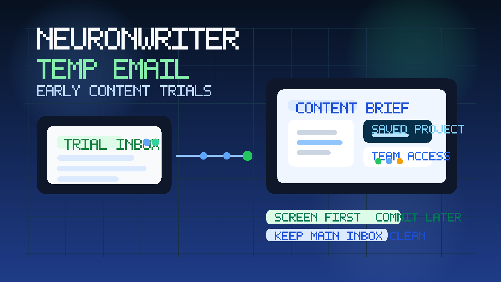 Original illustration showing a temporary inbox connected to a content optimization workspace, draft brief cards, and a privacy shield for NeuronWriter trials.