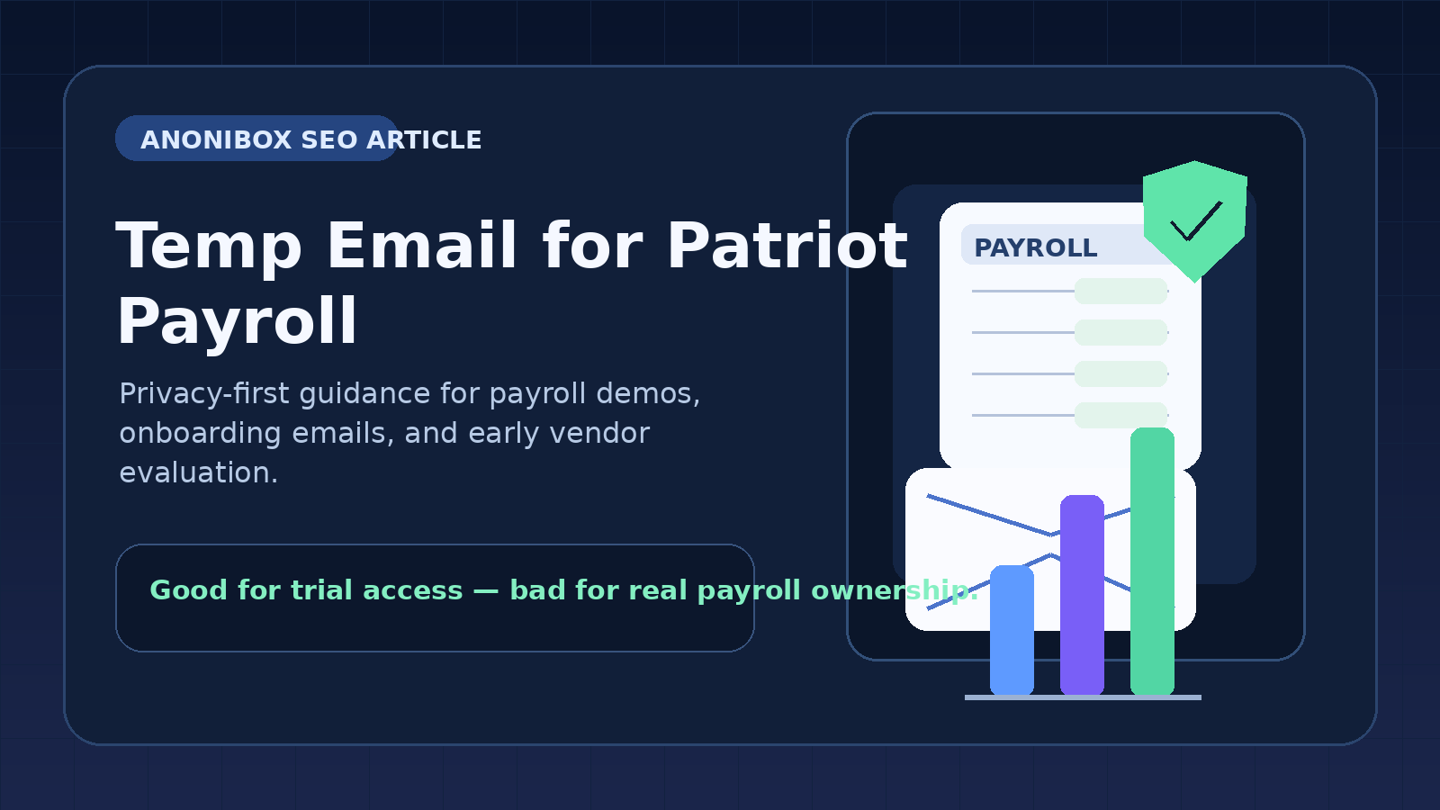 Illustration for Temp Email for Patriot Payroll showing an envelope, payroll sheet, shield, and charts