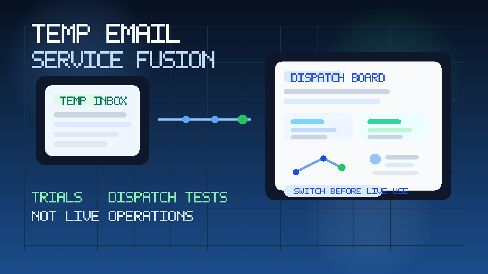 Original illustration showing a temporary inbox beside a field service dispatch board, customer records, and a route line for a Service Fusion trial.