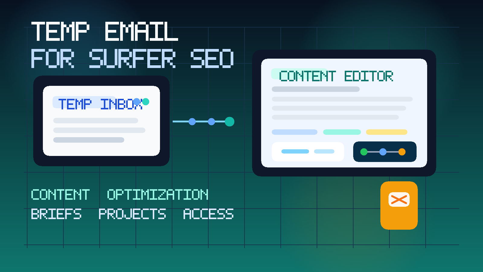 Original illustration of a temporary inbox next to a content editor, keyword insights, and a privacy shield for a Surfer SEO trial article.