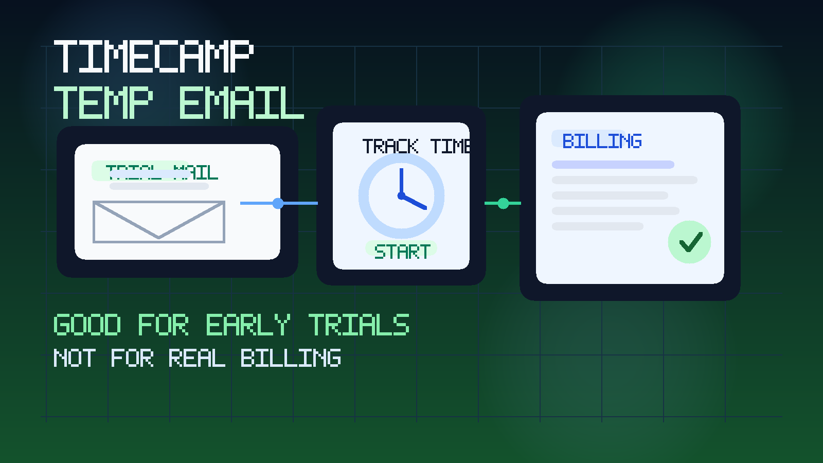 Original illustration showing a trial TimeCamp dashboard, a temporary inbox envelope, a timer, and a billing panel with a privacy shield.