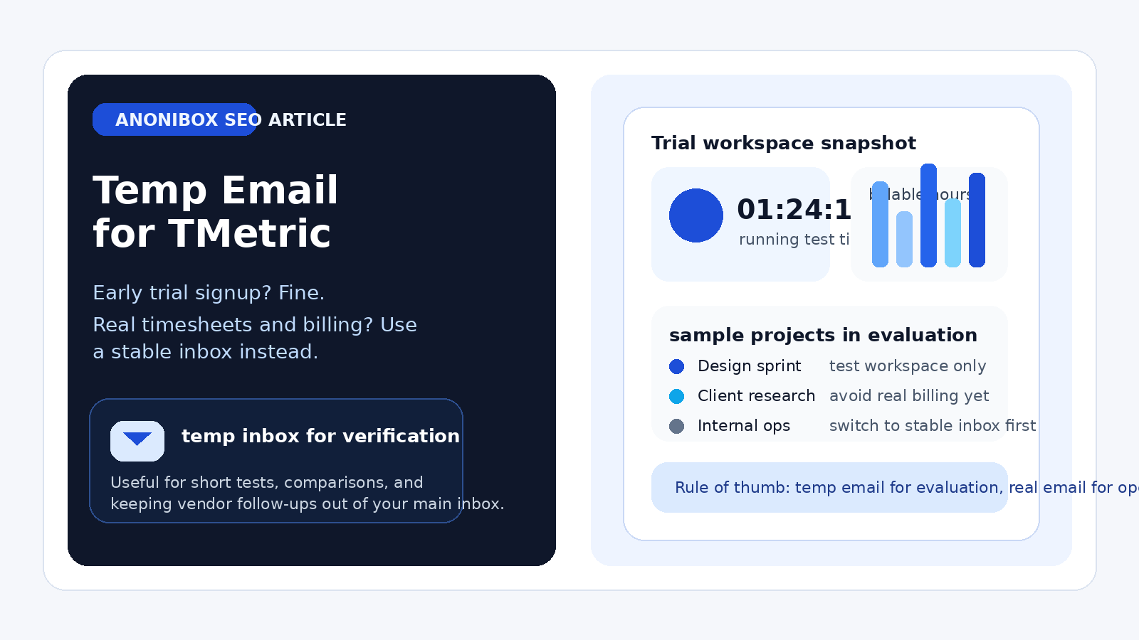 Illustration of a temporary email inbox beside a time tracking dashboard for a TMetric trial workflow.