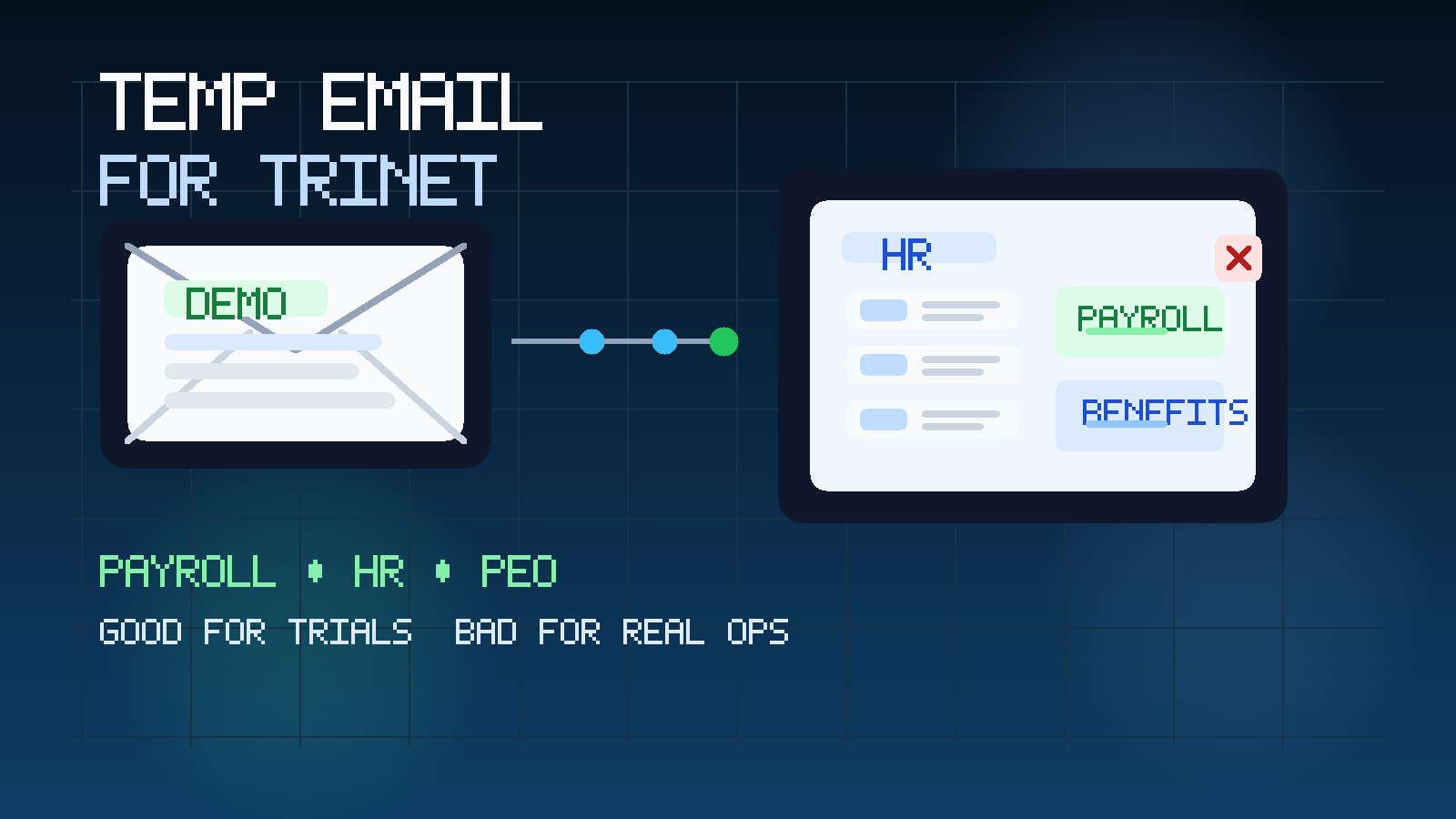 Original illustration showing a temporary inbox, payroll and HR panels, and a privacy-first evaluation workflow for TriNet.