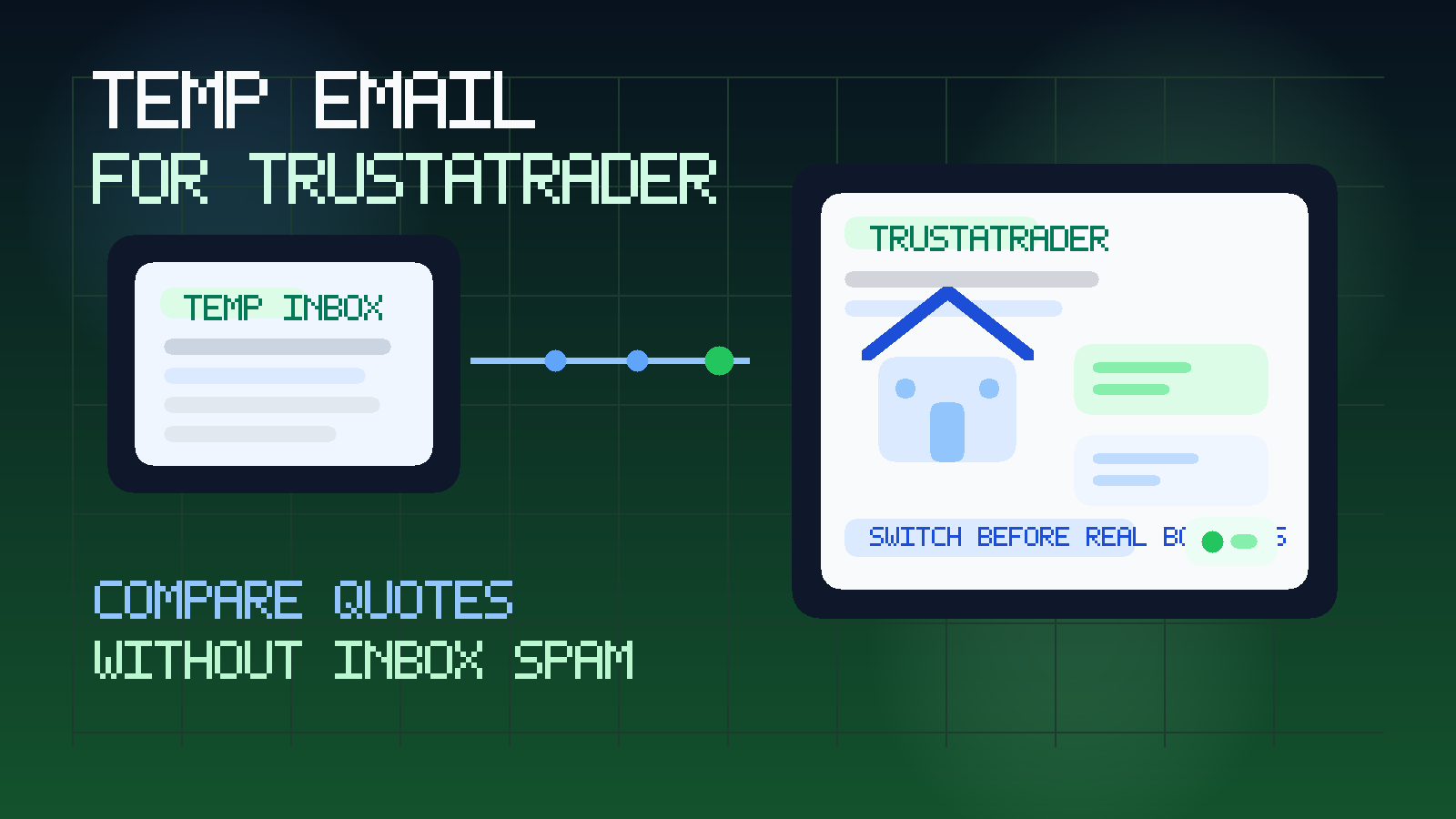Original illustration showing a temporary inbox connected to home project quote cards, a house icon, and a trades dashboard for TrustATrader.