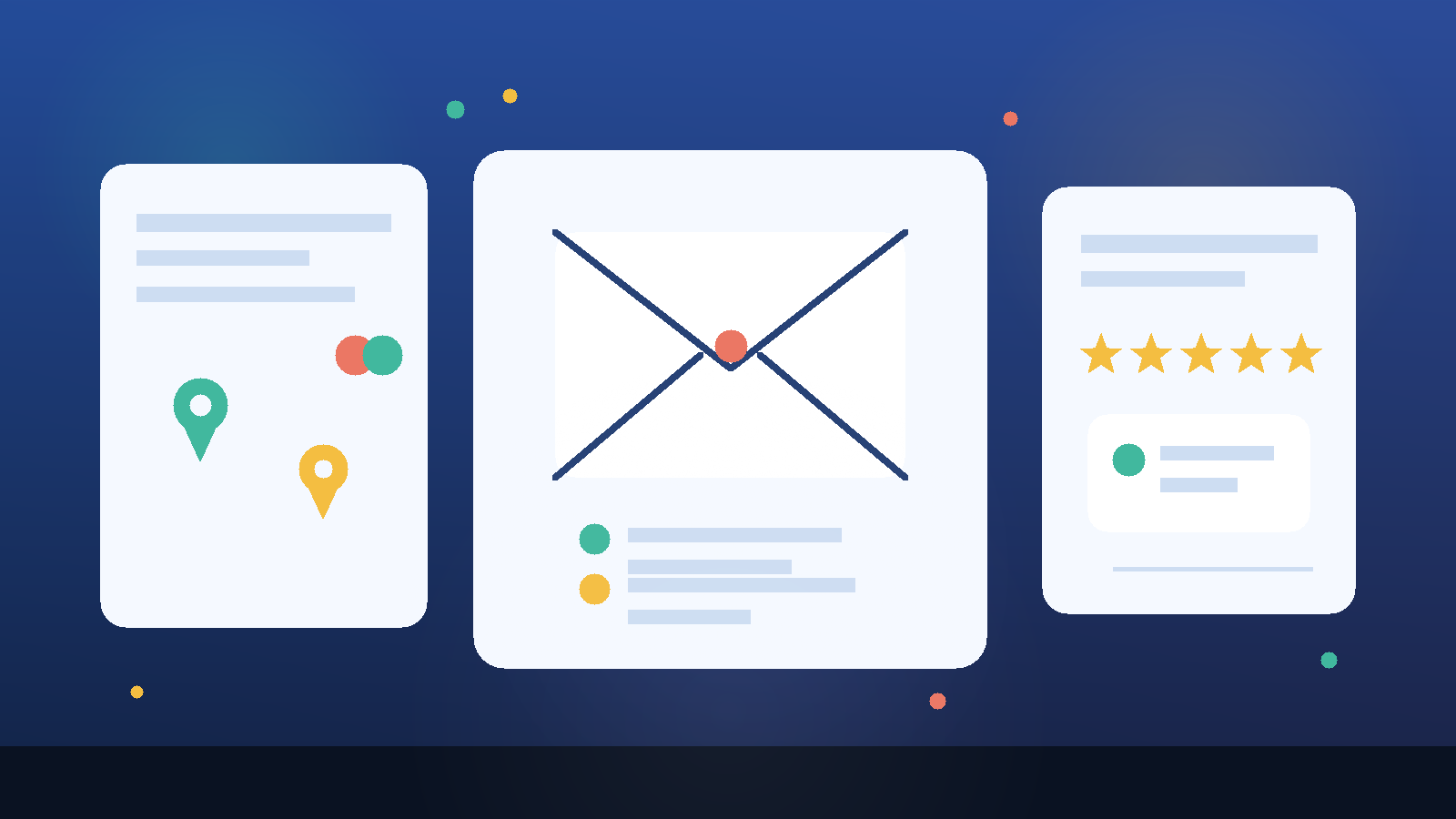 Original illustration of a temporary email inbox with map pins, review stars, and local-business dashboard cards