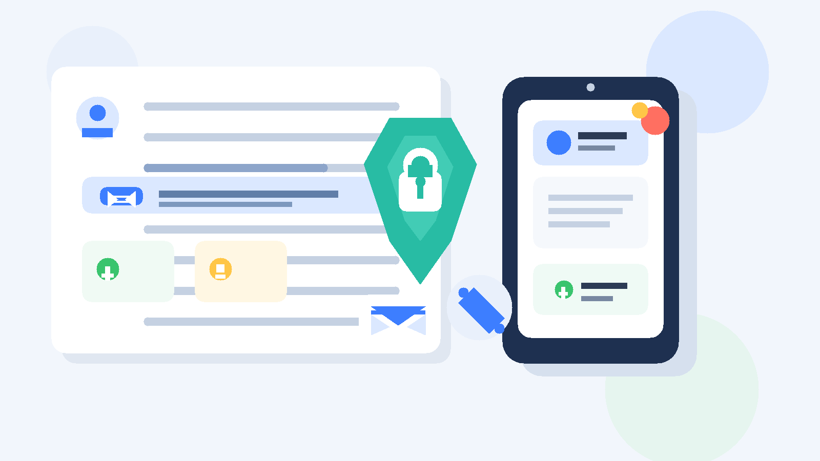 Illustration of a job application form, a private inbox, and a phone with a privacy shield