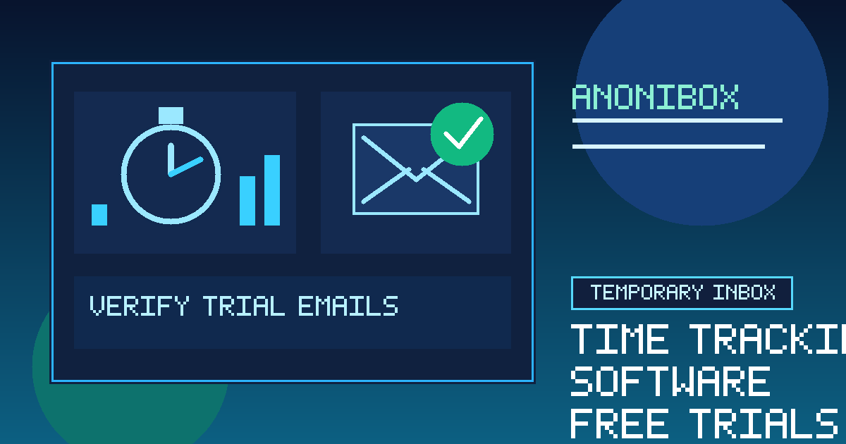 Illustration of time tracking software trial screens, a stopwatch, and a temporary email inbox used for signup verification.