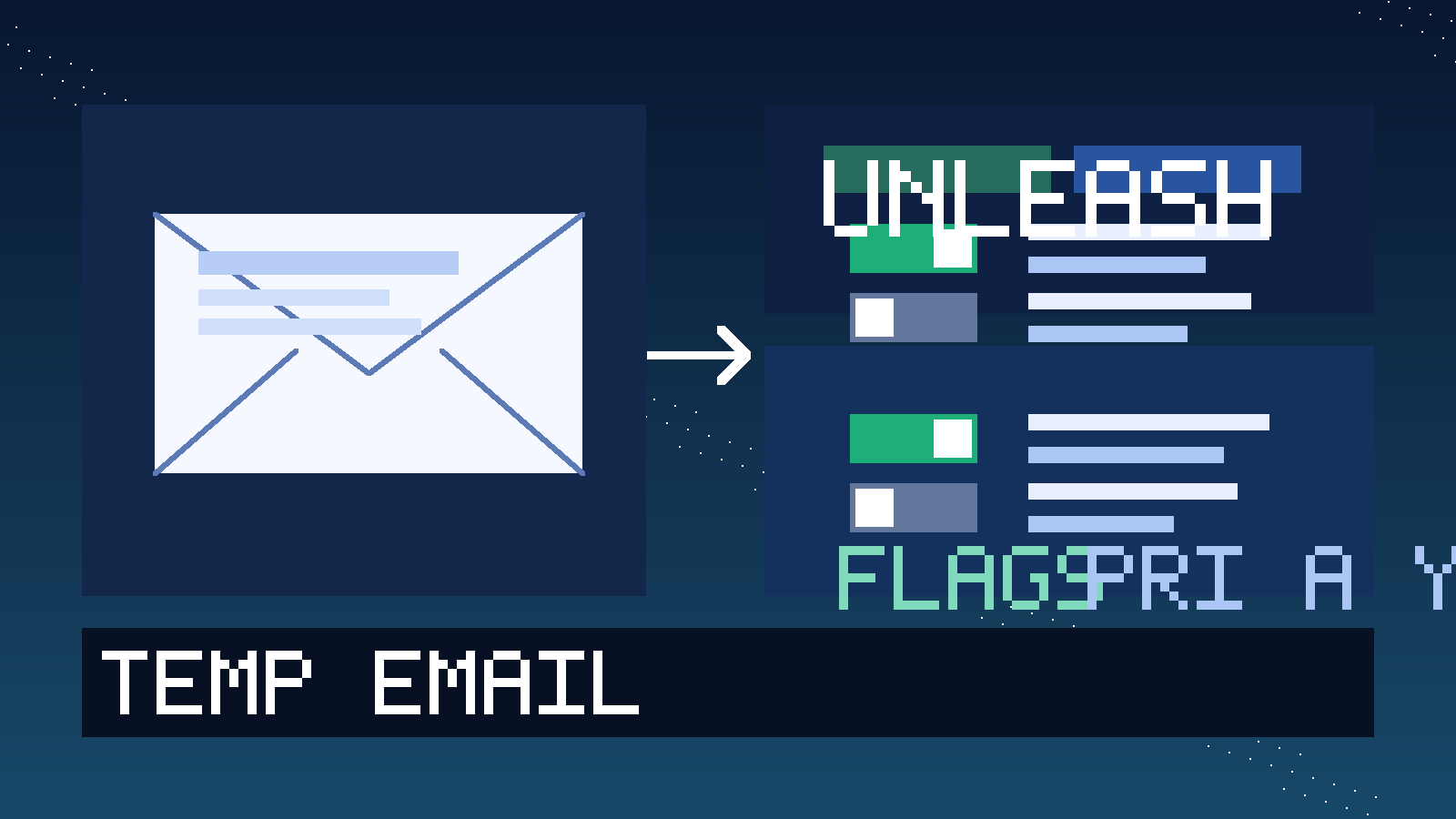 Illustration for temp email for Unleash showing a temporary inbox, feature flag toggles, and a privacy-focused trial workflow