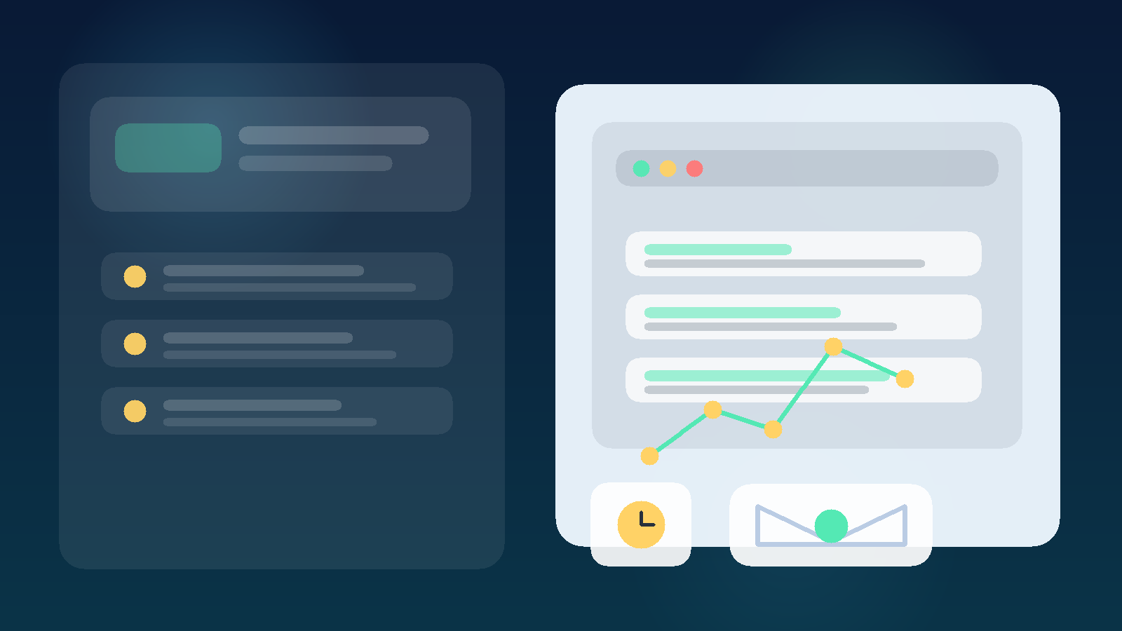 Original illustration of a temporary inbox beside an uptime monitoring dashboard with status bars and alert markers.