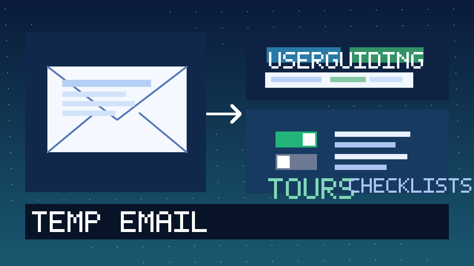 Illustration for temp email for UserGuiding showing a temporary inbox, product tours, onboarding checklist cards, and a privacy-focused trial workflow