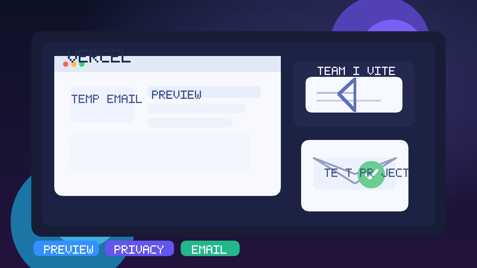 Original illustration of a temporary inbox, a deployment preview window, and protected project signups for Vercel testing.