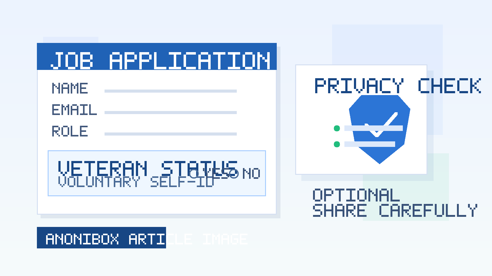 Illustration of a job application form with a veteran status self-identification field and privacy check panel