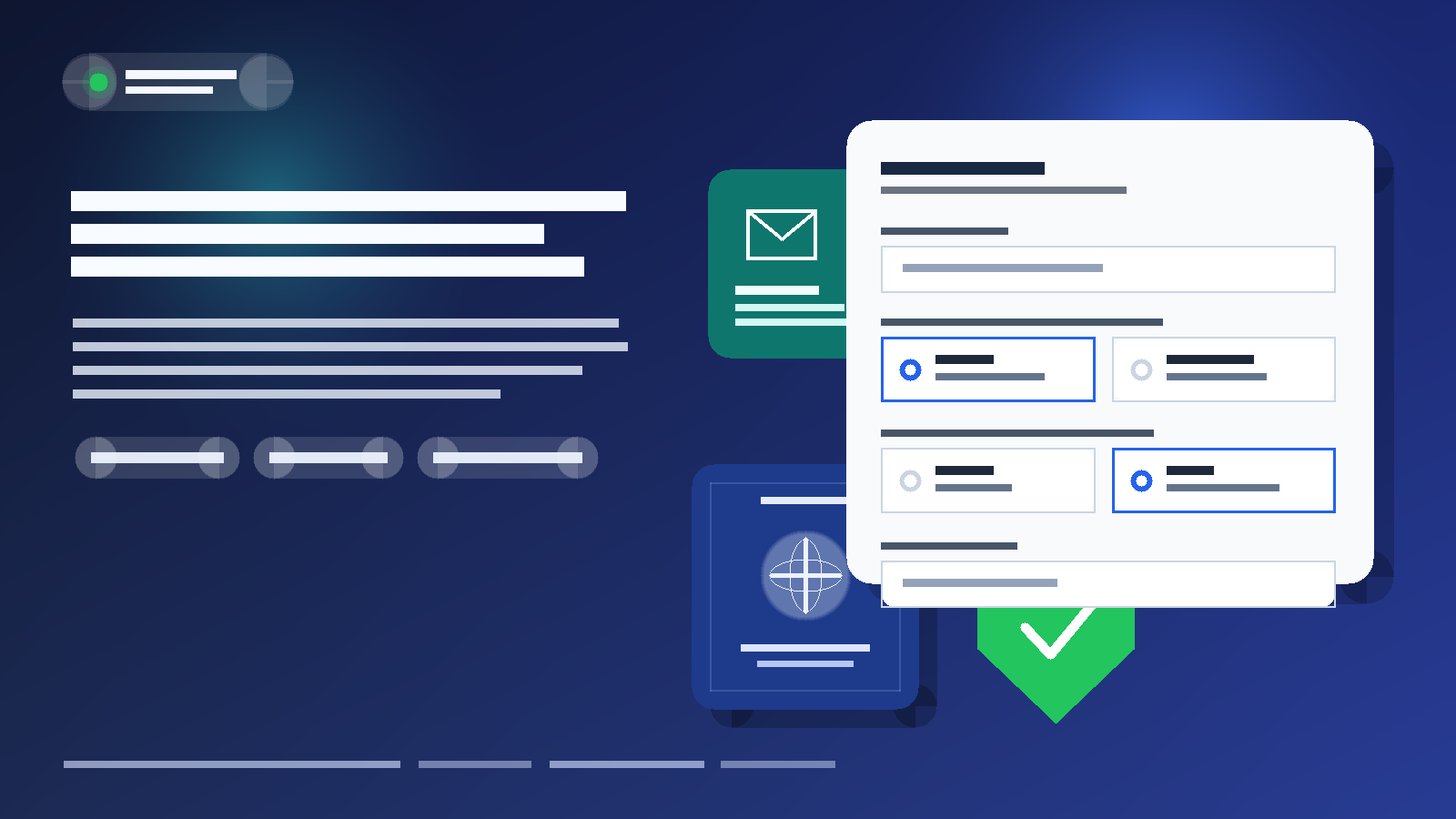 Illustration of a job application form, a passport-style document, a secure email icon, and a privacy shield.