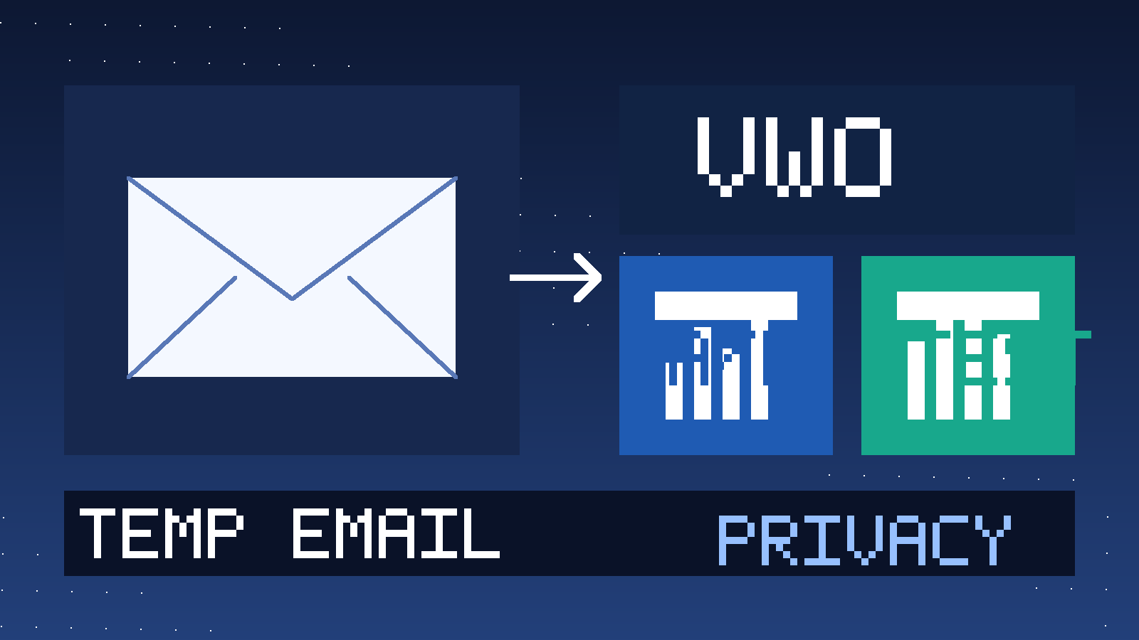 Illustration for temp email for VWO showing a temporary inbox, A/B testing panels, and privacy-focused evaluation flow