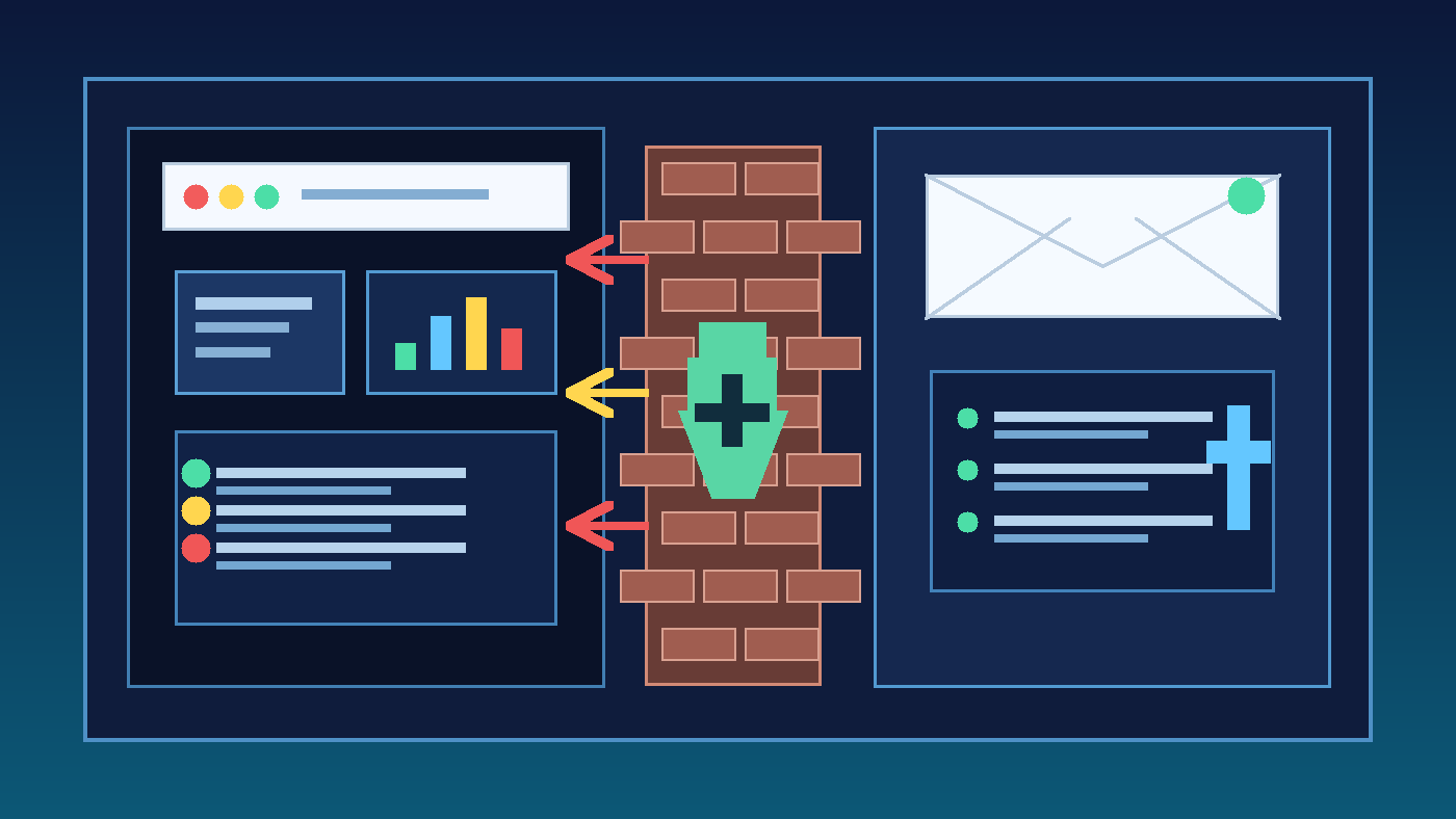 Illustration of a web application firewall trial with a browser, filtered attack traffic, and a temporary inbox for signup emails