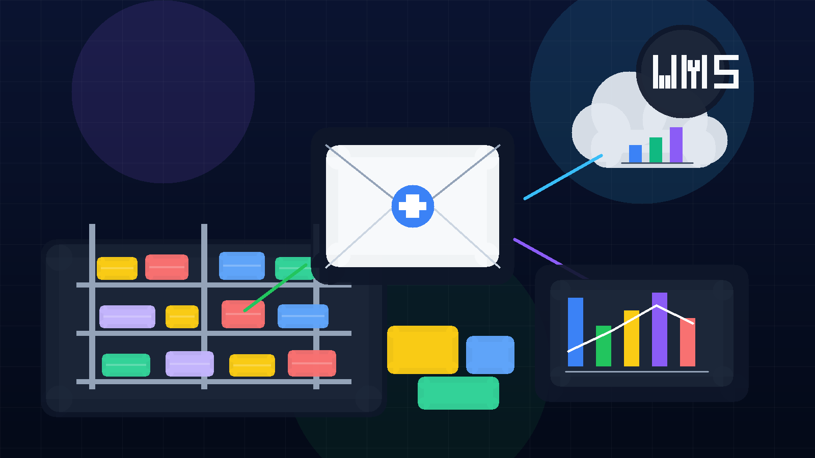 Illustration of warehouse shelves, cloud analytics, and an email envelope representing warehouse management software free trials.